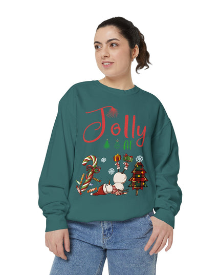 'Jolly AF' Sweatshirt – Chaotic Christmas Tree & Snowman Juggling Candy Canes