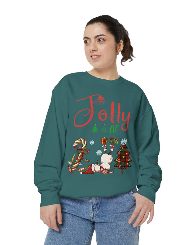 'Jolly AF' Sweatshirt – Chaotic Christmas Tree & Snowman Juggling Candy Canes