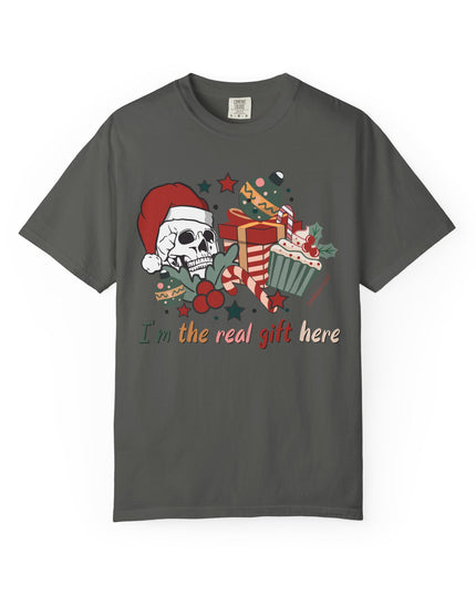 Holiday Skull Tee — "I'm the Real Gift Here" Christmas T-Shirt