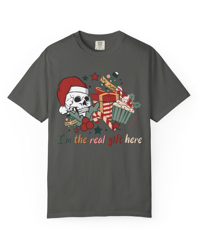 Holiday Skull Tee — "I'm the Real Gift Here" Christmas T-Shirt