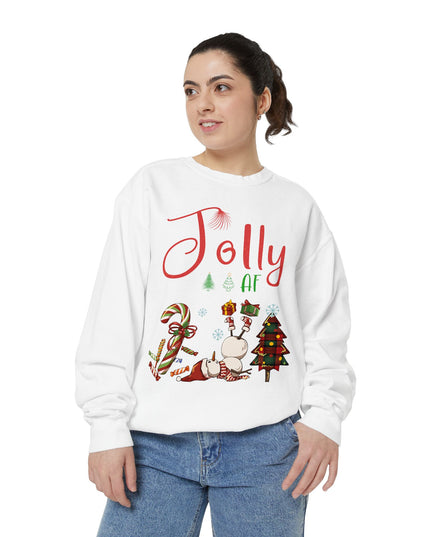 'Jolly AF' Sweatshirt – Chaotic Christmas Tree & Snowman Juggling Candy Canes