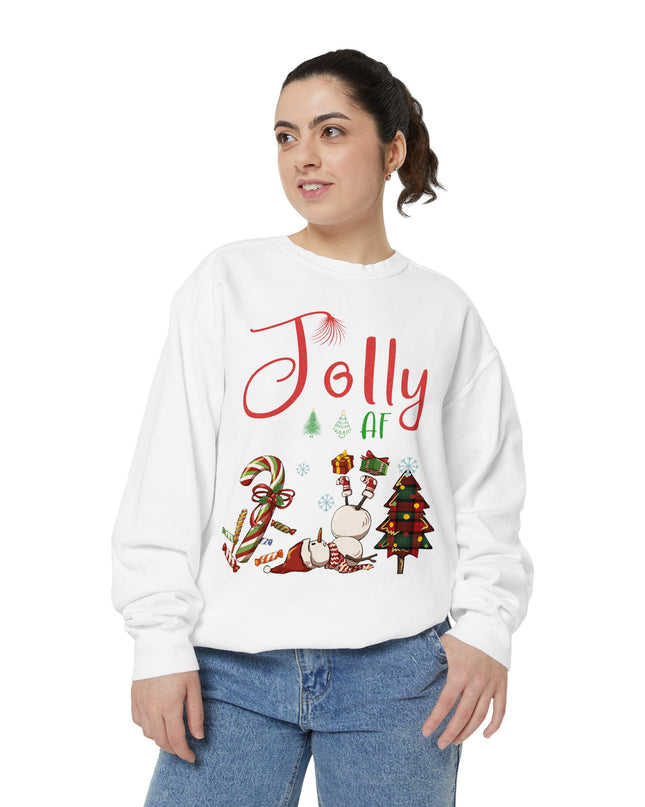 'Jolly AF' Sweatshirt – Chaotic Christmas Tree & Snowman Juggling Candy Canes