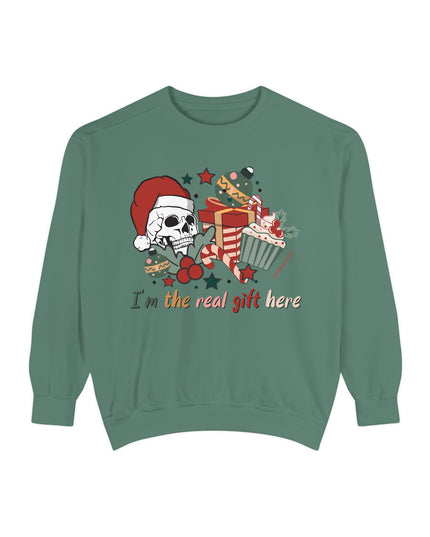 Christmas Skull Sweatshirt — "I'm the Real Gift Here" Holiday Crewneck