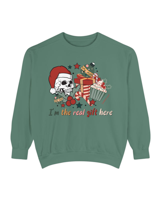 Christmas Skull Sweatshirt — "I'm the Real Gift Here" Holiday Crewneck
