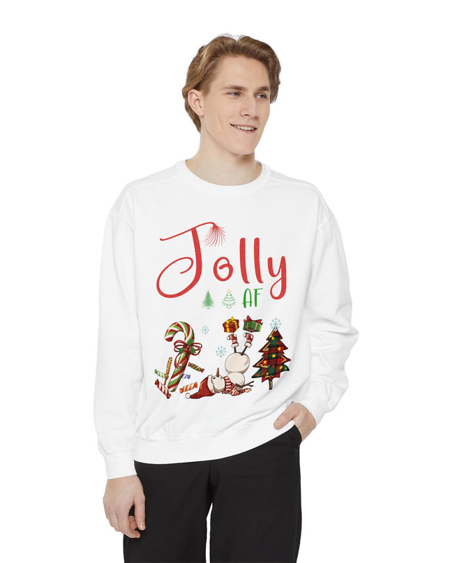 'Jolly AF' Sweatshirt – Chaotic Christmas Tree & Snowman Juggling Candy Canes