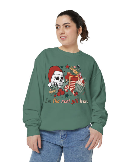 Christmas Skull Sweatshirt — "I'm the Real Gift Here" Holiday Crewneck