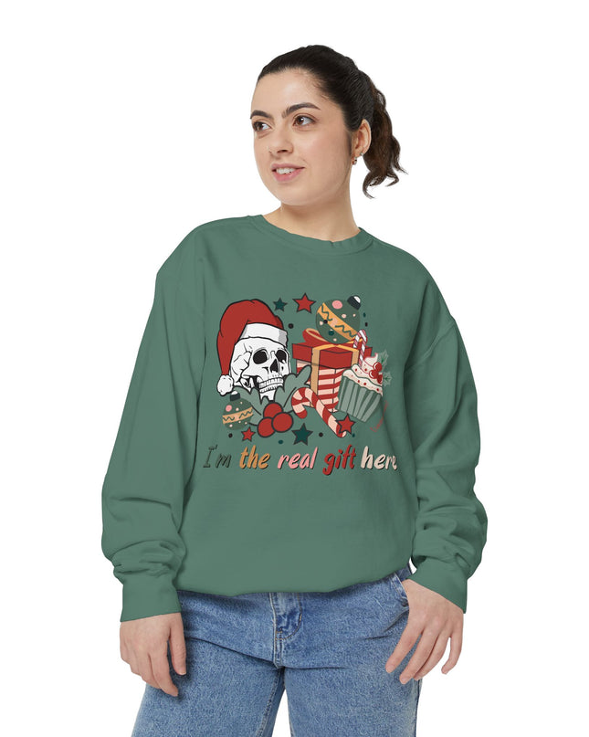 Christmas Skull Sweatshirt — "I'm the Real Gift Here" Holiday Crewneck