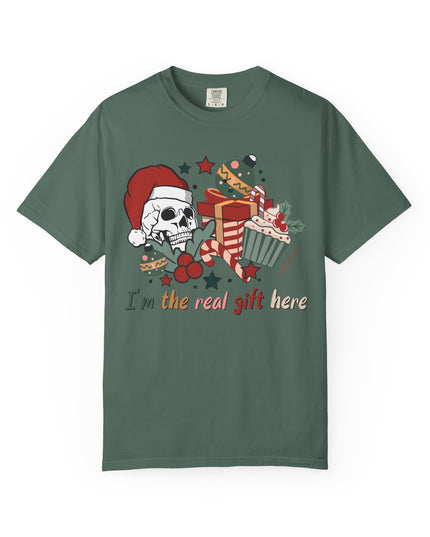 Holiday Skull Tee — "I'm the Real Gift Here" Christmas T-Shirt