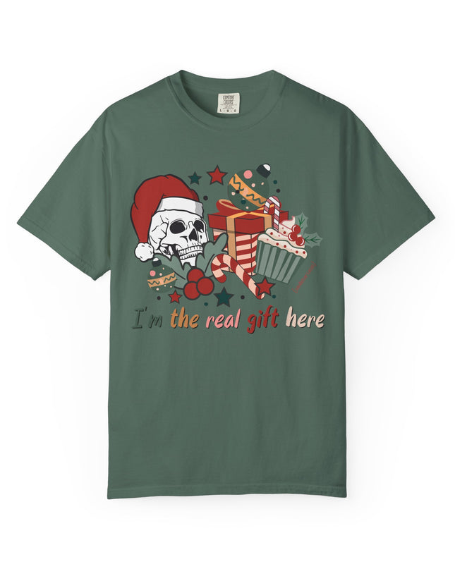 Holiday Skull Tee — "I'm the Real Gift Here" Christmas T-Shirt