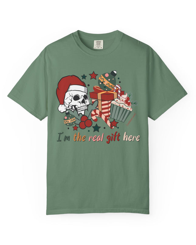 Holiday Skull Tee — "I'm the Real Gift Here" Christmas T-Shirt