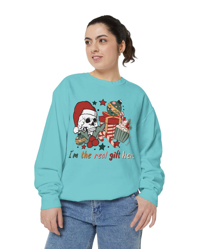 Christmas Skull Sweatshirt — "I'm the Real Gift Here" Holiday Crewneck