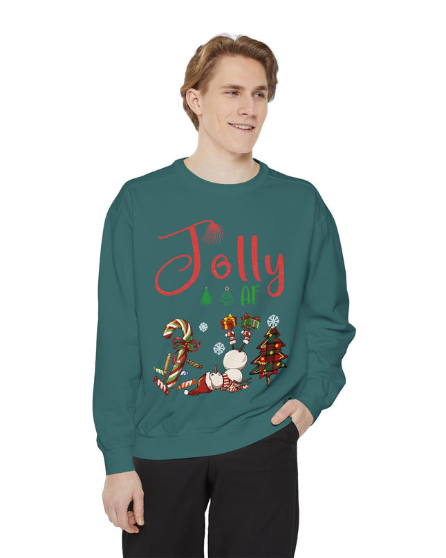 'Jolly AF' Sweatshirt – Chaotic Christmas Tree & Snowman Juggling Candy Canes