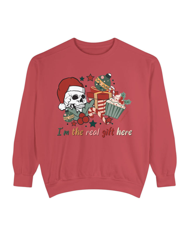Christmas Skull Sweatshirt — "I'm the Real Gift Here" Holiday Crewneck