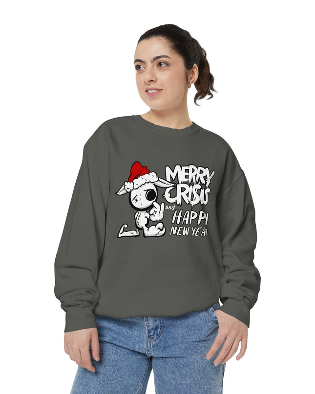 Christmas Crisis Graphic Sweat Shirt — 'Merry Crisis Happy New Year' Cute Santa Bear Sweat Shirt