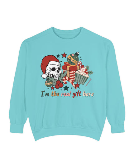 Christmas Skull Sweatshirt — "I'm the Real Gift Here" Holiday Crewneck