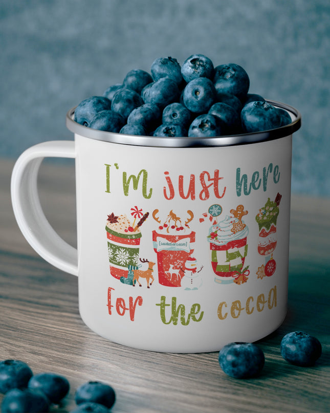 Enamel Camping Mug – "I'm Just Here for the Cocoa" Rustic Camper Gift