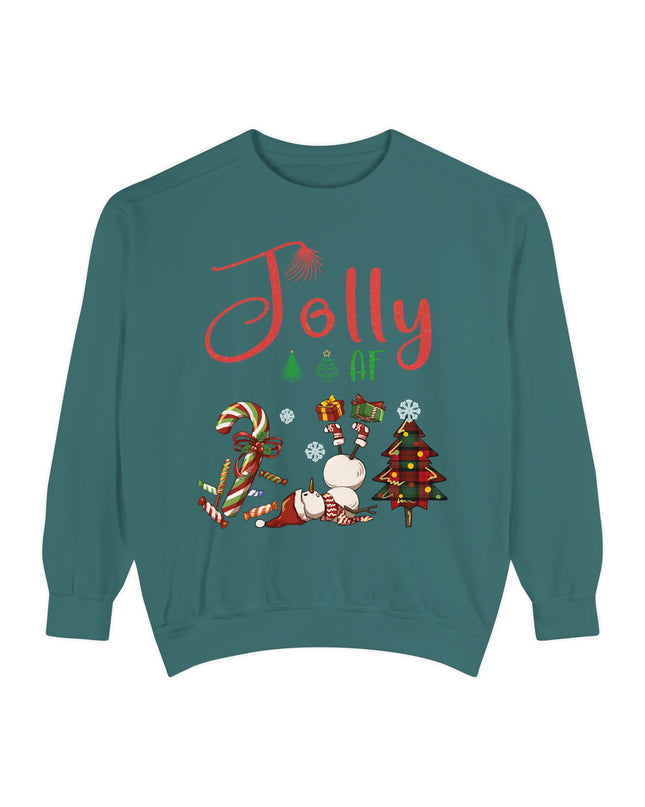 'Jolly AF' Sweatshirt – Chaotic Christmas Tree & Snowman Juggling Candy Canes