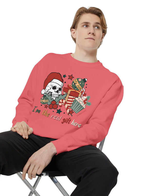 Christmas Skull Sweatshirt — "I'm the Real Gift Here" Holiday Crewneck