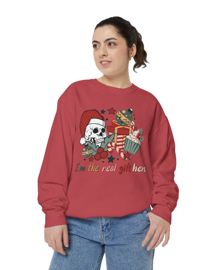 Christmas Skull Sweatshirt — "I'm the Real Gift Here" Holiday Crewneck