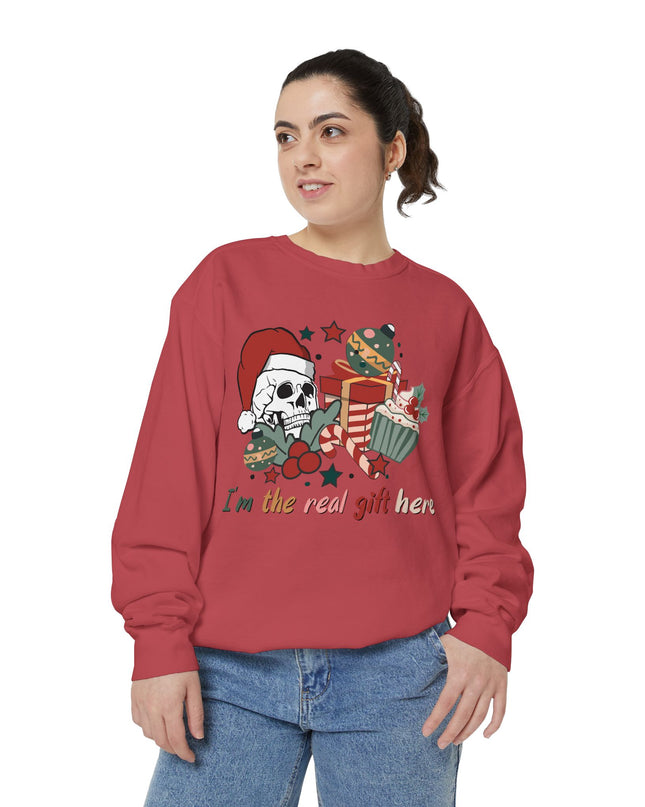 Christmas Skull Sweatshirt — "I'm the Real Gift Here" Holiday Crewneck