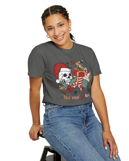 Holiday Skull Tee — "I'm the Real Gift Here" Christmas T-Shirt