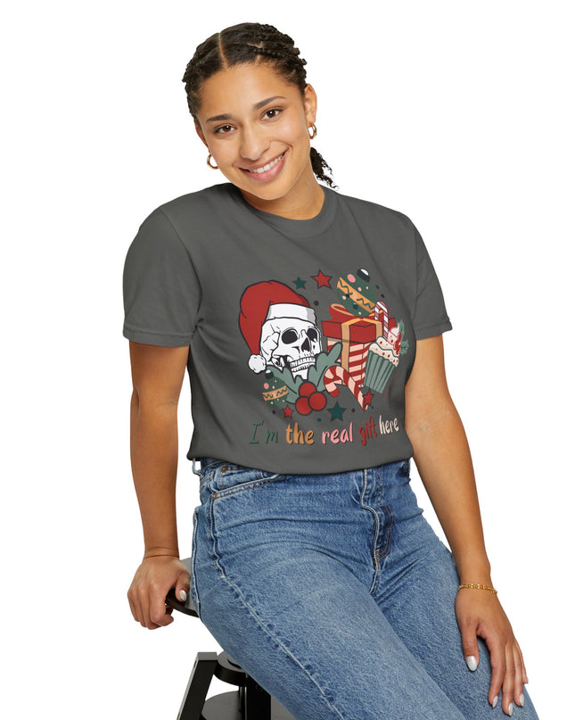 Holiday Skull Tee — "I'm the Real Gift Here" Christmas T-Shirt