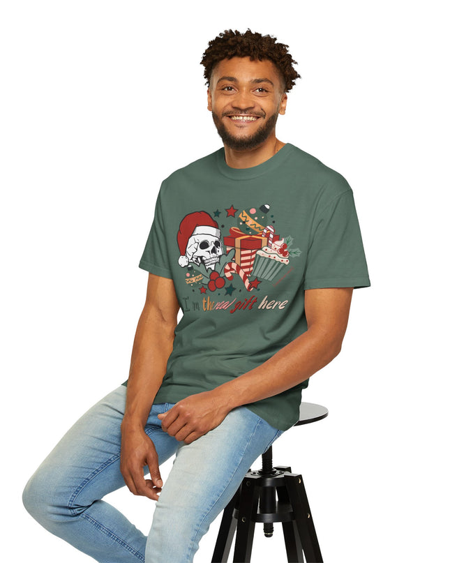 Holiday Skull Tee — "I'm the Real Gift Here" Christmas T-Shirt
