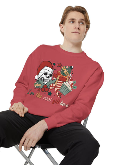 Christmas Skull Sweatshirt — "I'm the Real Gift Here" Holiday Crewneck