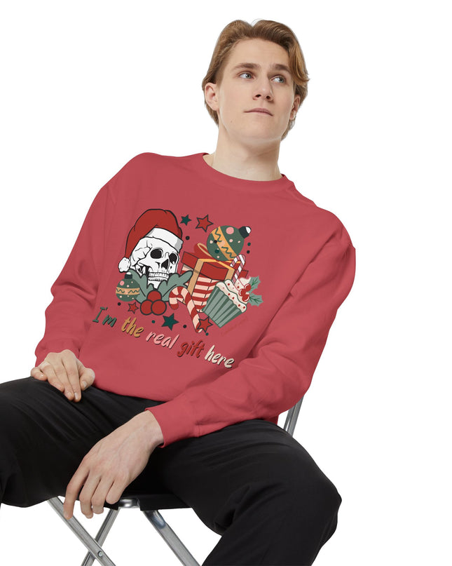 Christmas Skull Sweatshirt — "I'm the Real Gift Here" Holiday Crewneck