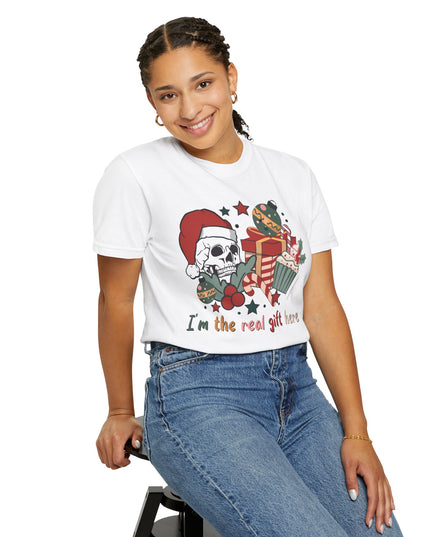 Holiday Skull Tee — "I'm the Real Gift Here" Christmas T-Shirt