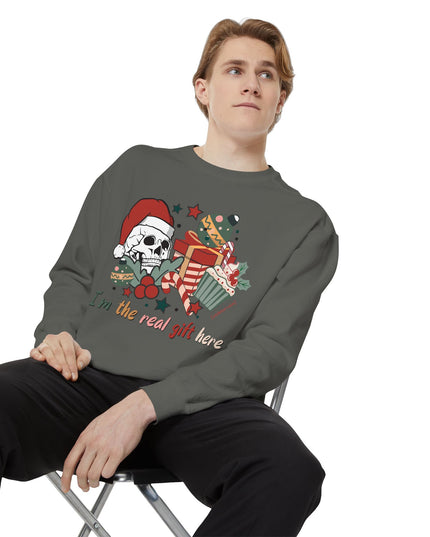 Christmas Skull Sweatshirt — "I'm the Real Gift Here" Holiday Crewneck