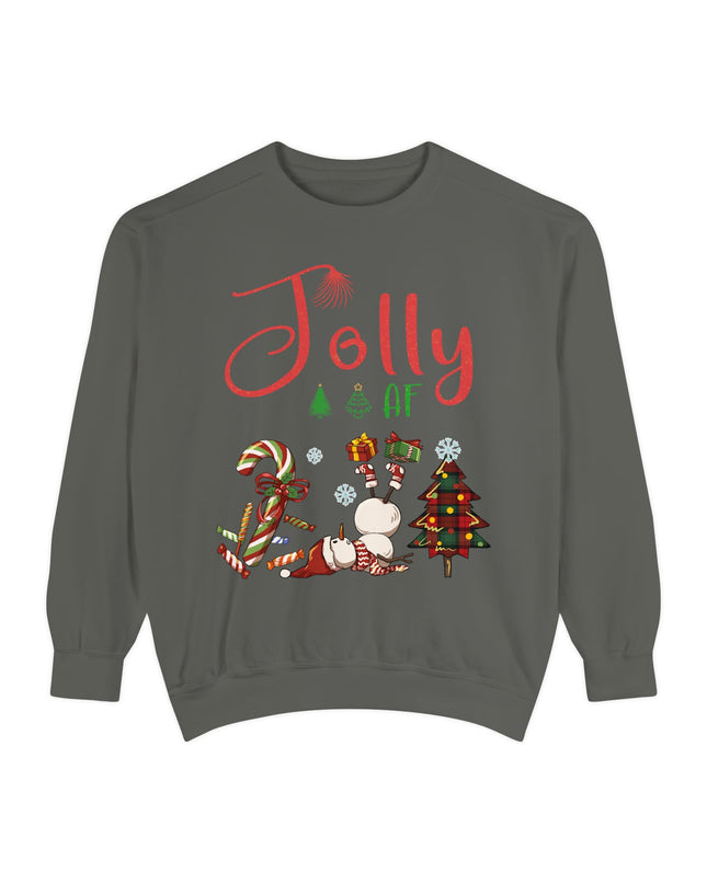 'Jolly AF' Sweatshirt – Chaotic Christmas Tree & Snowman Juggling Candy Canes