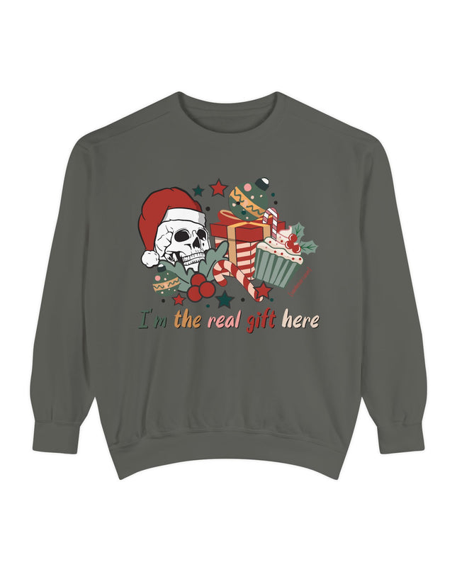 Christmas Skull Sweatshirt — "I'm the Real Gift Here" Holiday Crewneck