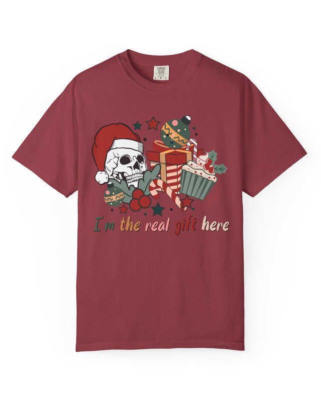 Holiday Skull Tee — "I'm the Real Gift Here" Christmas T-Shirt
