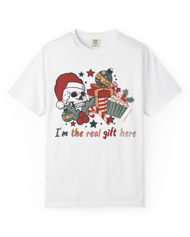 Holiday Skull Tee — "I'm the Real Gift Here" Christmas T-Shirt