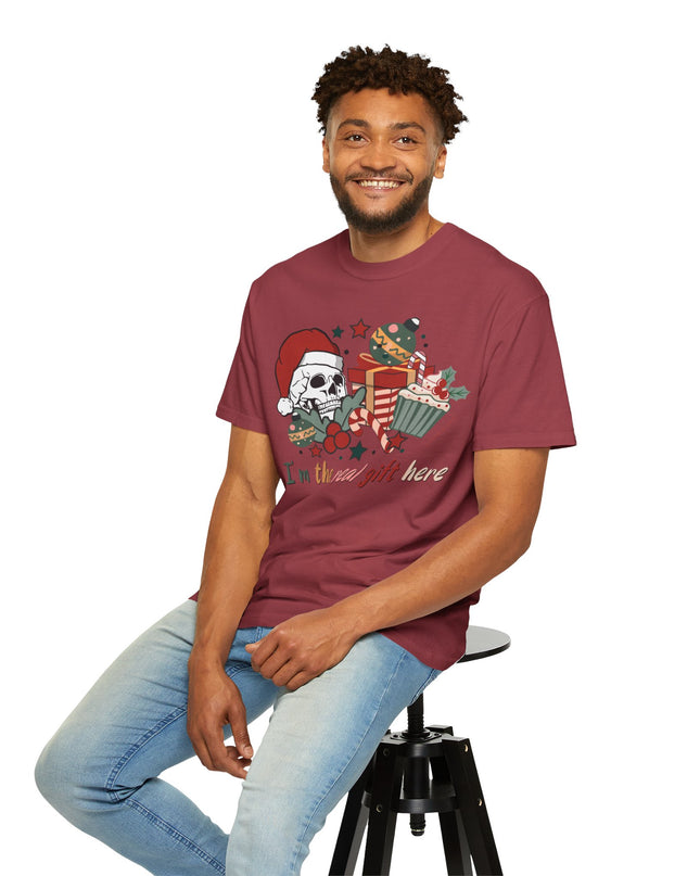 Holiday Skull Tee — "I'm the Real Gift Here" Christmas T-Shirt