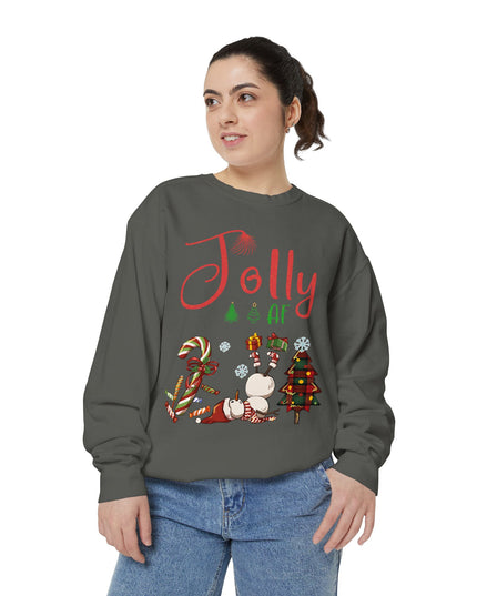 'Jolly AF' Sweatshirt – Chaotic Christmas Tree & Snowman Juggling Candy Canes