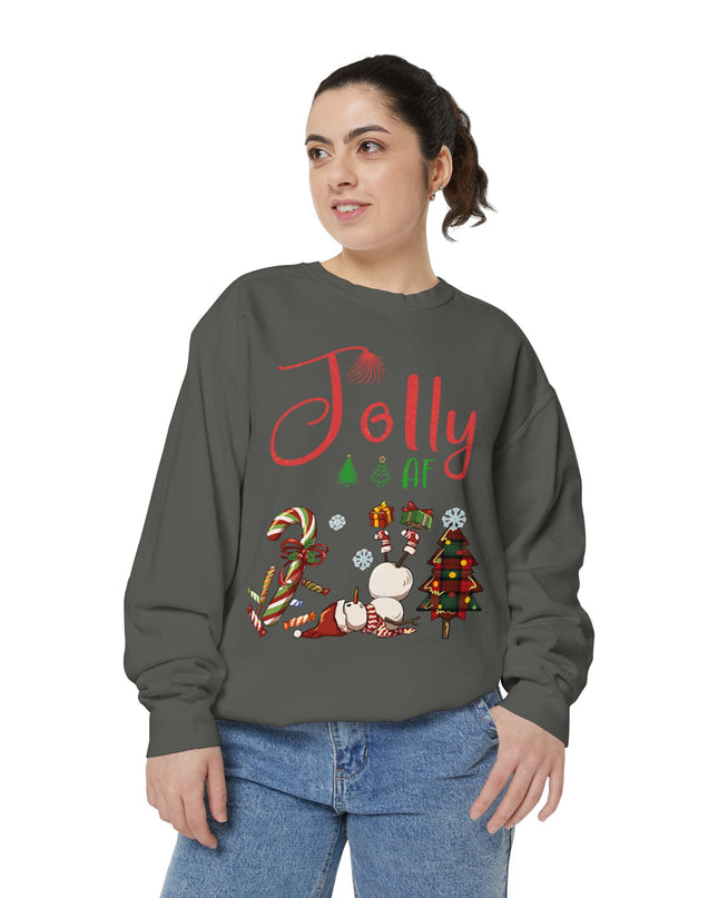 'Jolly AF' Sweatshirt – Chaotic Christmas Tree & Snowman Juggling Candy Canes