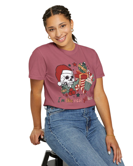 Holiday Skull Tee — "I'm the Real Gift Here" Christmas T-Shirt