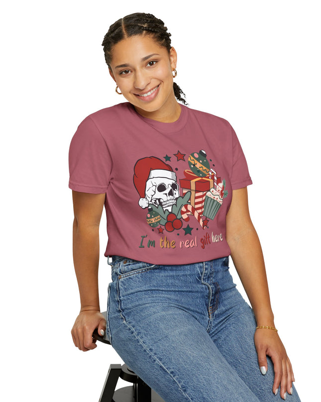 Holiday Skull Tee — "I'm the Real Gift Here" Christmas T-Shirt