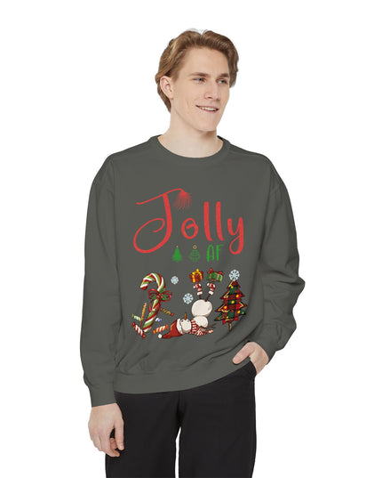 'Jolly AF' Sweatshirt – Chaotic Christmas Tree & Snowman Juggling Candy Canes