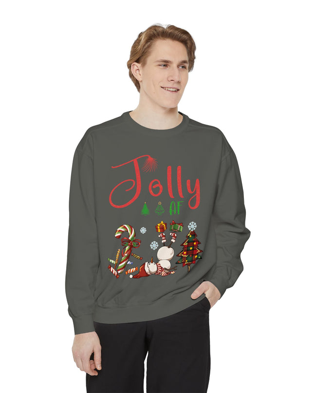'Jolly AF' Sweatshirt – Chaotic Christmas Tree & Snowman Juggling Candy Canes