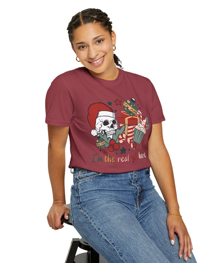 Holiday Skull Tee — "I'm the Real Gift Here" Christmas T-Shirt