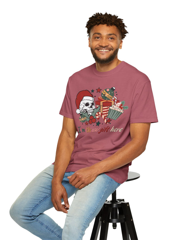 Holiday Skull Tee — "I'm the Real Gift Here" Christmas T-Shirt