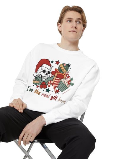 Christmas Skull Sweatshirt — "I'm the Real Gift Here" Holiday Crewneck