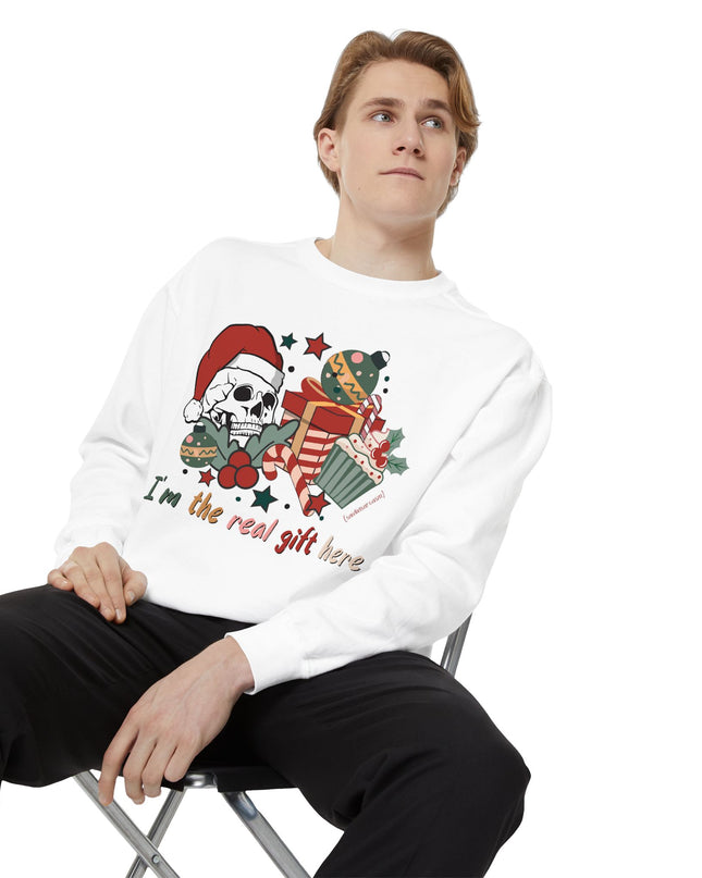 Christmas Skull Sweatshirt — "I'm the Real Gift Here" Holiday Crewneck