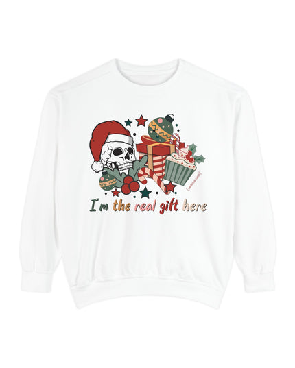 Christmas Skull Sweatshirt — "I'm the Real Gift Here" Holiday Crewneck