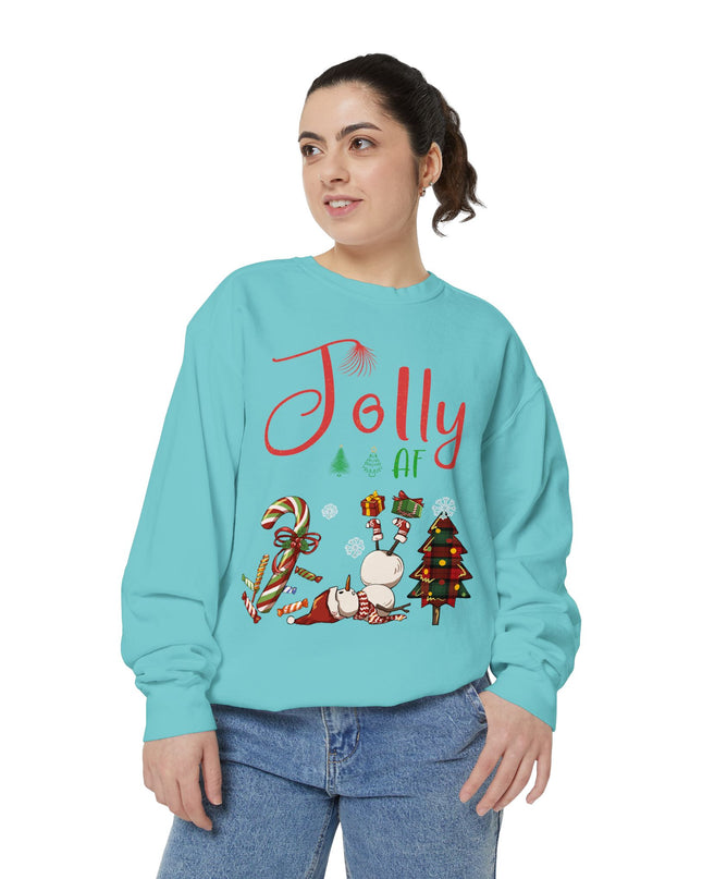 'Jolly AF' Sweatshirt – Chaotic Christmas Tree & Snowman Juggling Candy Canes