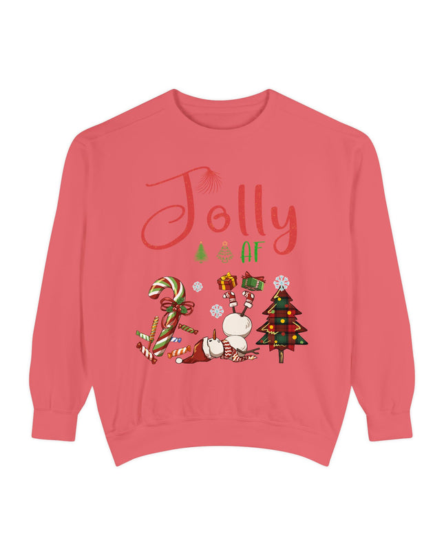 'Jolly AF' Sweatshirt – Chaotic Christmas Tree & Snowman Juggling Candy Canes
