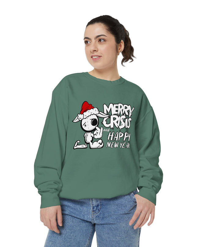 Christmas Crisis Graphic Sweat Shirt — 'Merry Crisis Happy New Year' Cute Santa Bear Sweat Shirt